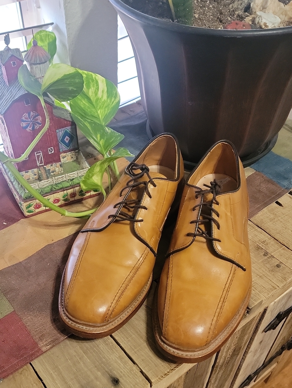 Allen Edmonds Tan Leather Lace-Up Hillcrest Oxfords Dark Trim-Size 9/3E Wide
